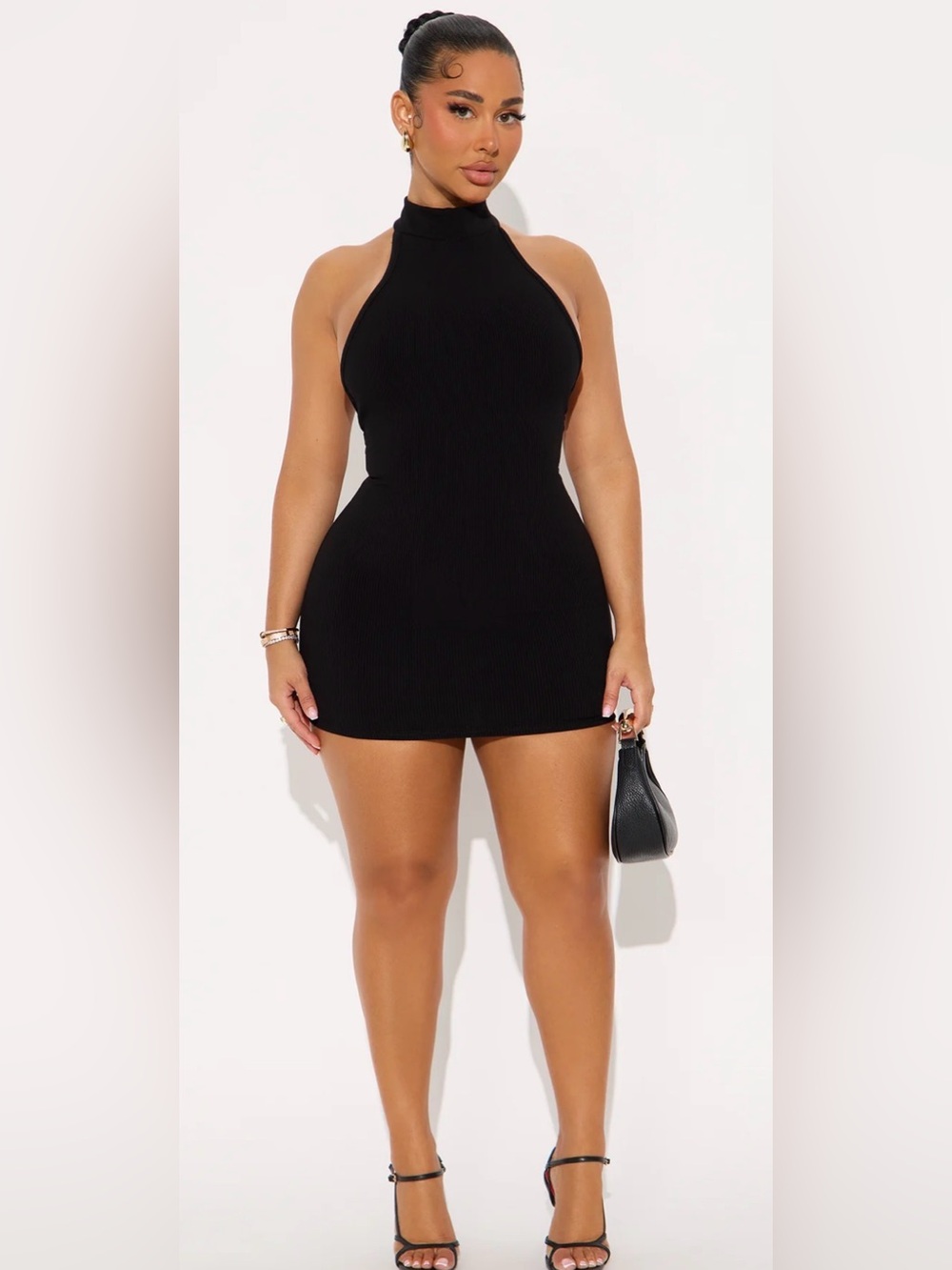 Black Sleeveless Ribbed Midi Halter Open Back Dress Snatched